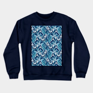 Monochrome Blue and White Seahorses and Starfish Pattern Crewneck Sweatshirt